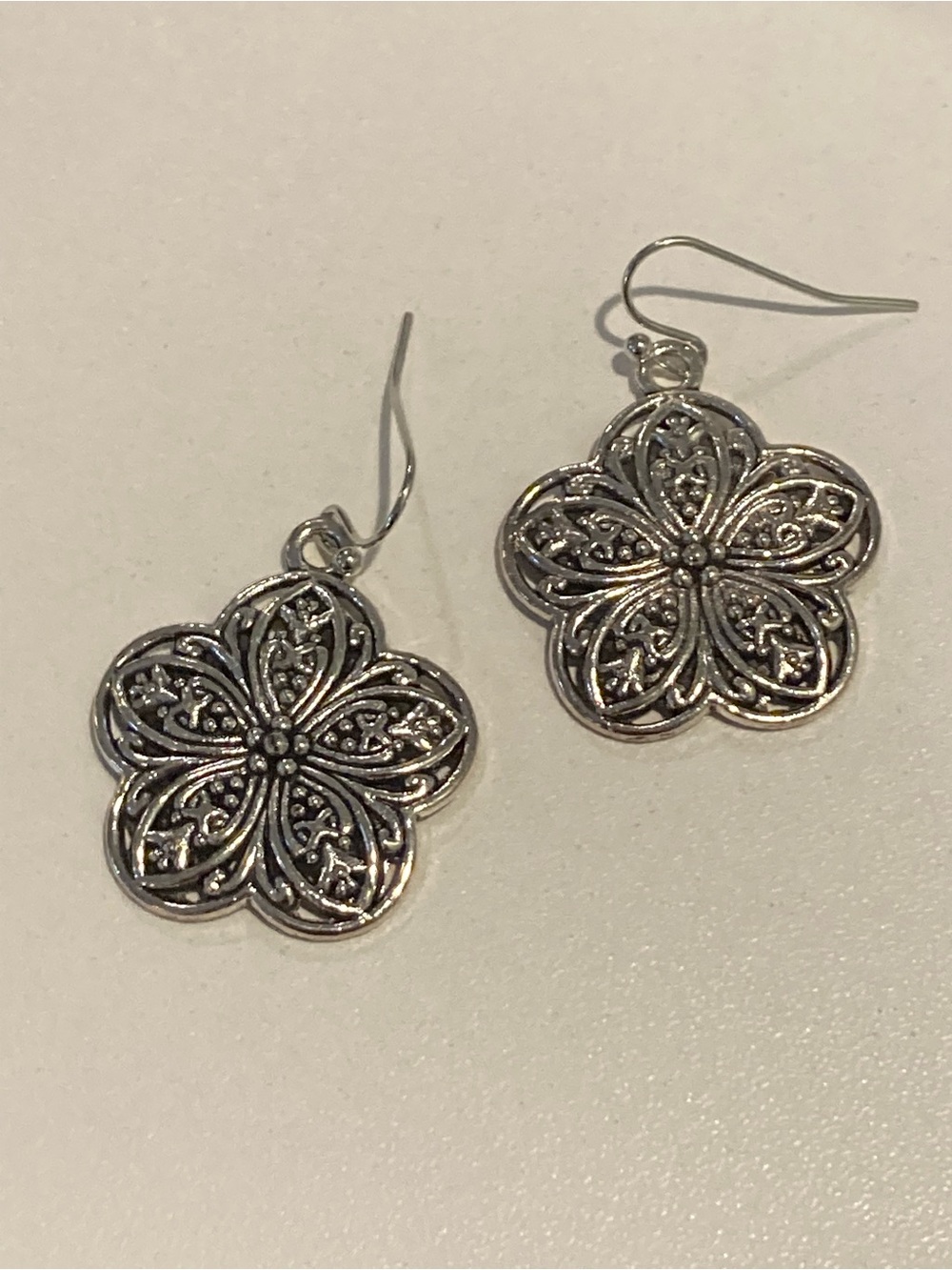 Sterling Tone Filigree Flower Drop Earrings - Silver